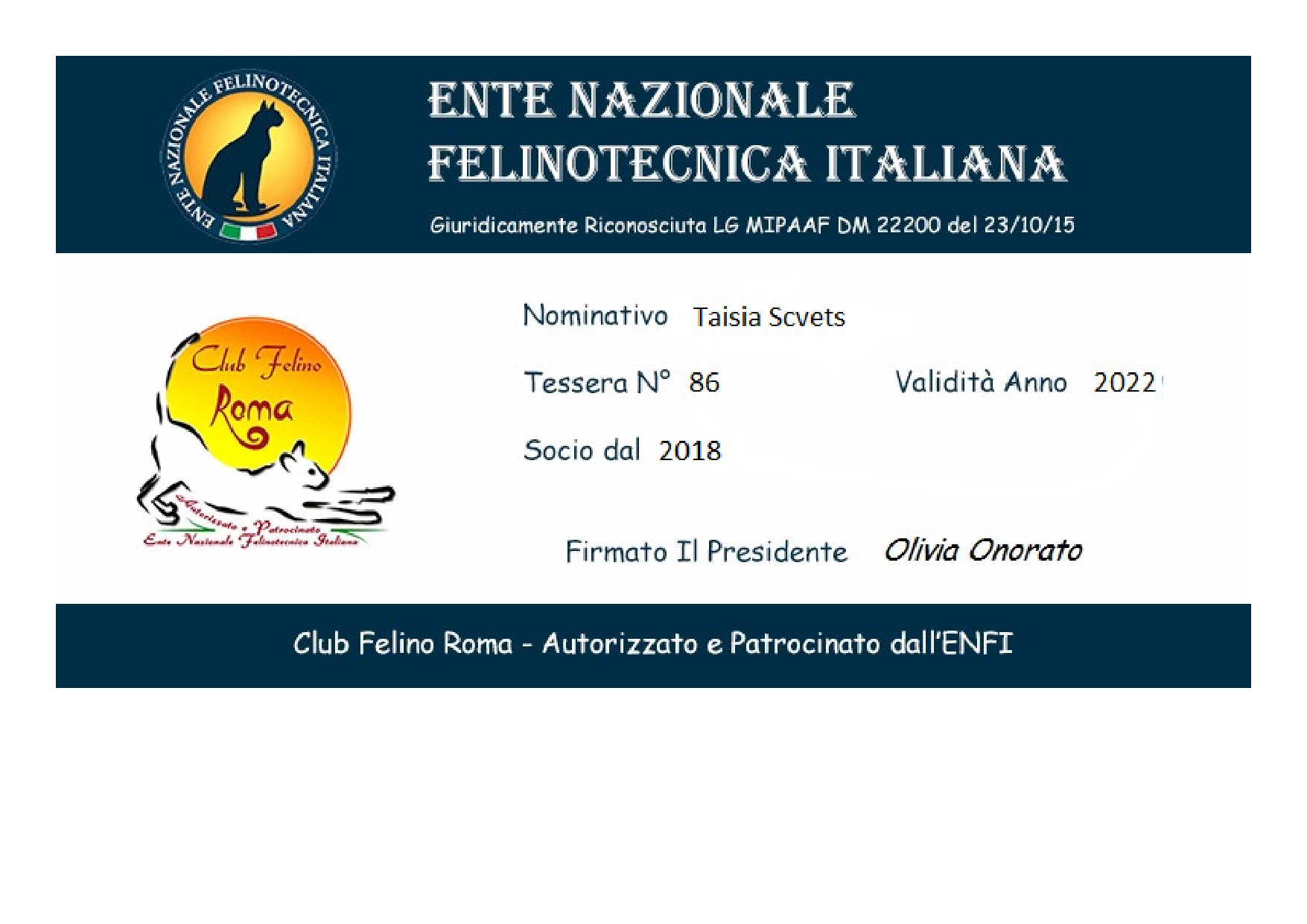 ENFI Tessera Club felino Roma